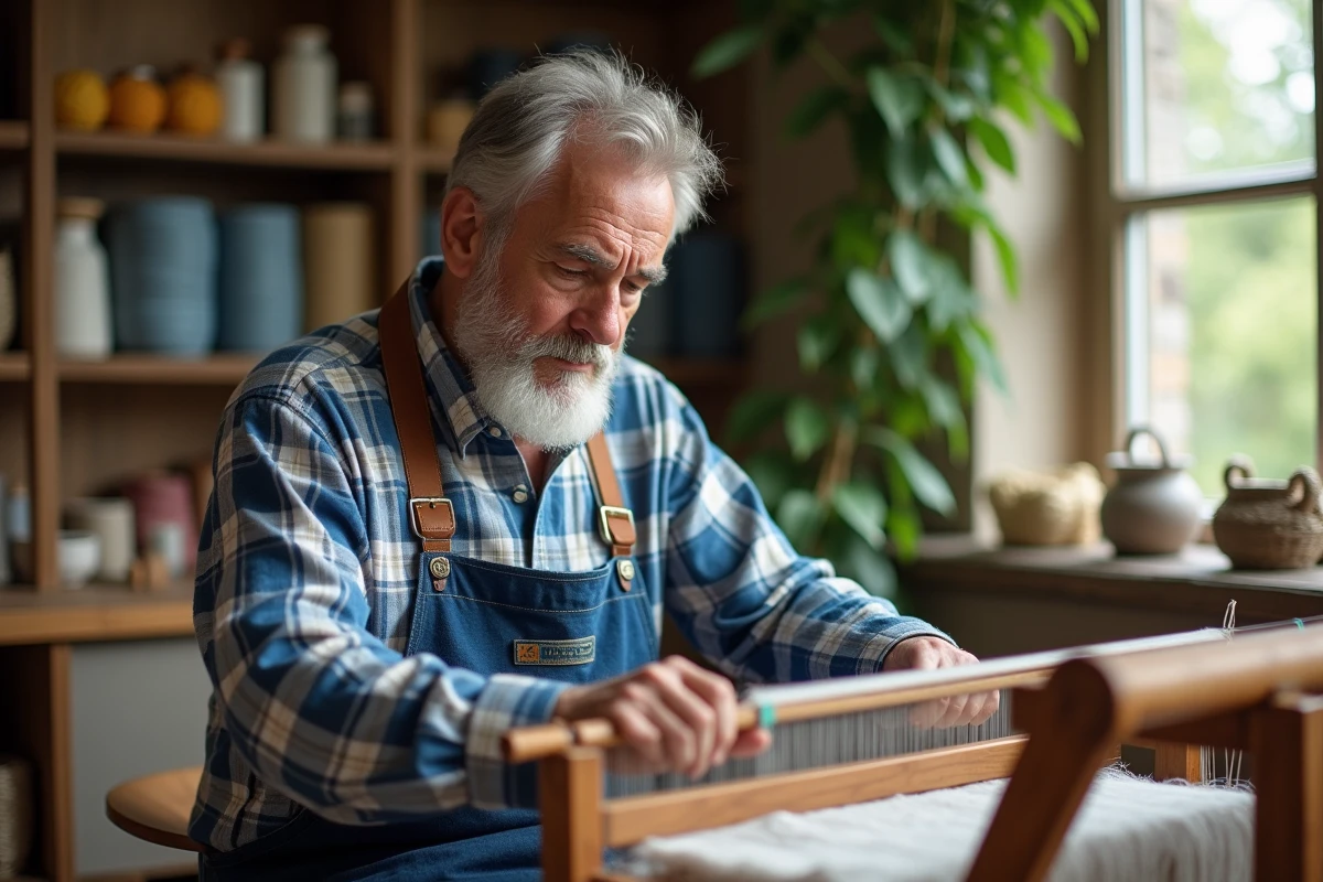 Homme tissant sur un vieux métier à tisser dans un espace lumineux