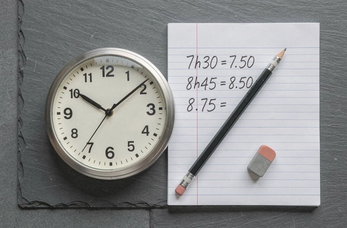 Vue du dessus d'une horloge analogique et d'un bloc-notes avec des conversions d'heures en centièmes manuscrites