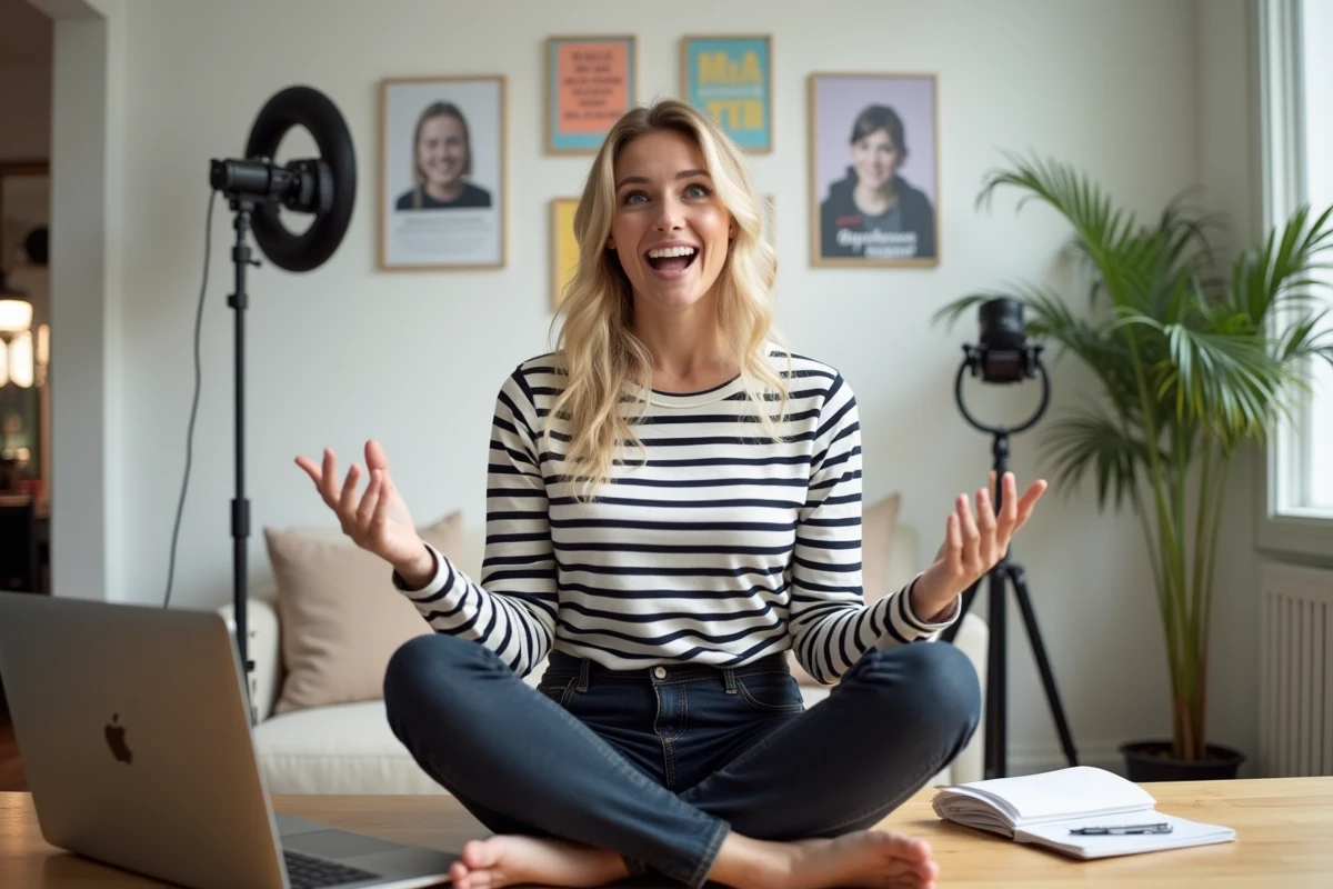 Humoriste blonde française filmant une vidéo YouTube dans un studio maison minimaliste et moderne