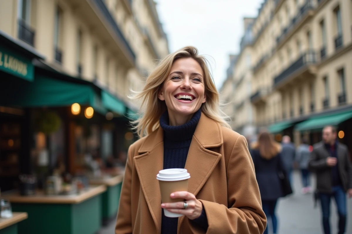 Humoriste française blonde souriante dans une rue parisienne animée, tenant un café en extérieur