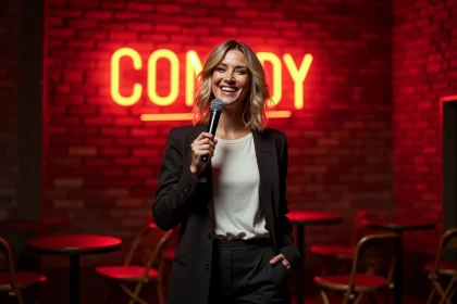 Humoriste française blonde sur scène dans un cabaret parisien, microphone en main, expression naturelle et souriante