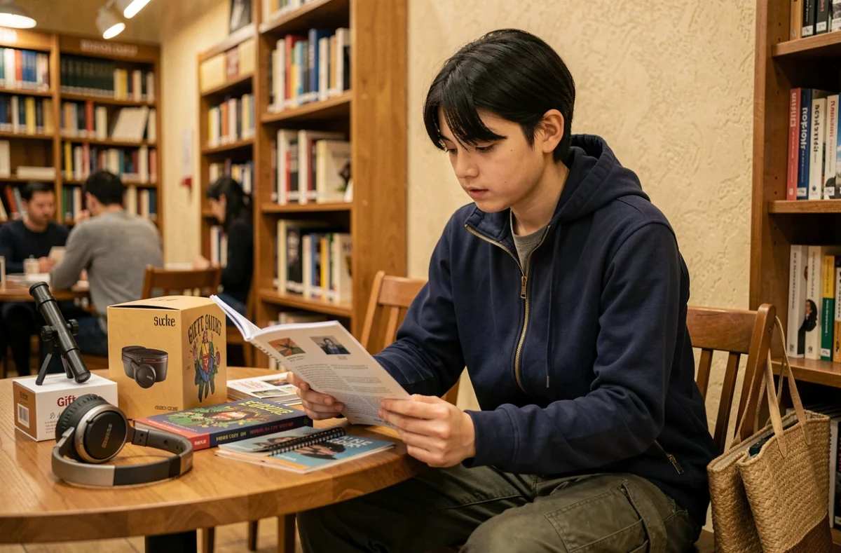 Adolescent introverti de 17 ans dans une librairie cosy explorant des idées cadeaux comme un télescope, un puzzle et un roman graphique posés sur une table en bois