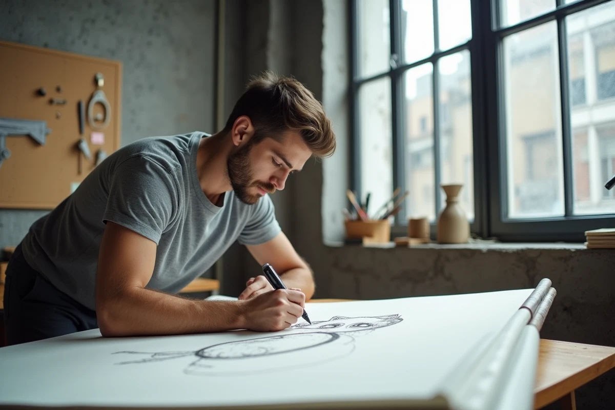 Illustrateur professionnel travaillant sur des proportions et expressions d'un personnage manga de type Mew sur une table à dessin inclinée dans un studio urbain