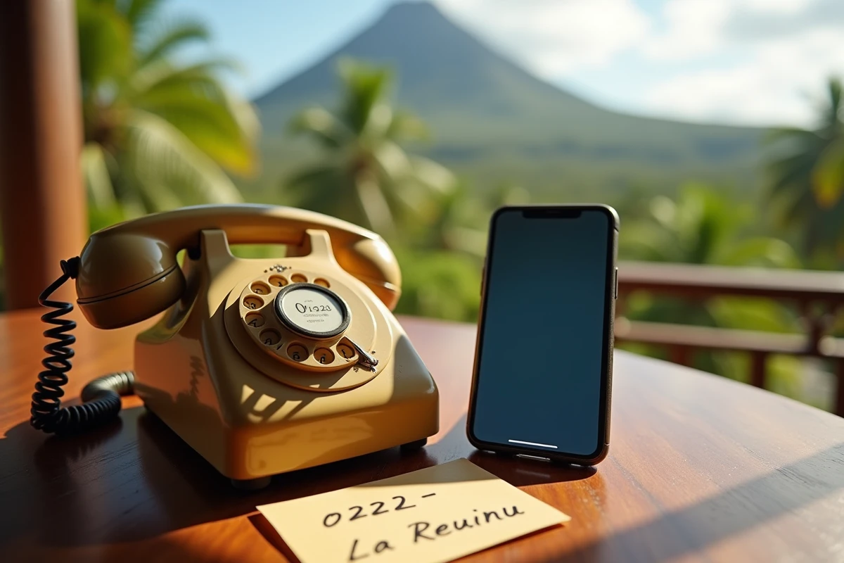 Téléphone vintage et smartphone posés sur une table avec une note indiquant l'indicatif 0262 de La Réunion