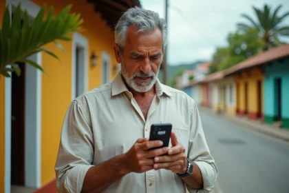 Homme tenant un smartphone affichant un numéro de téléphone français en 0262 dans une rue tropicale à La Réunion