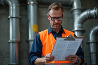 Ingénieur étudiant un tableau de conversion sur un clipboard