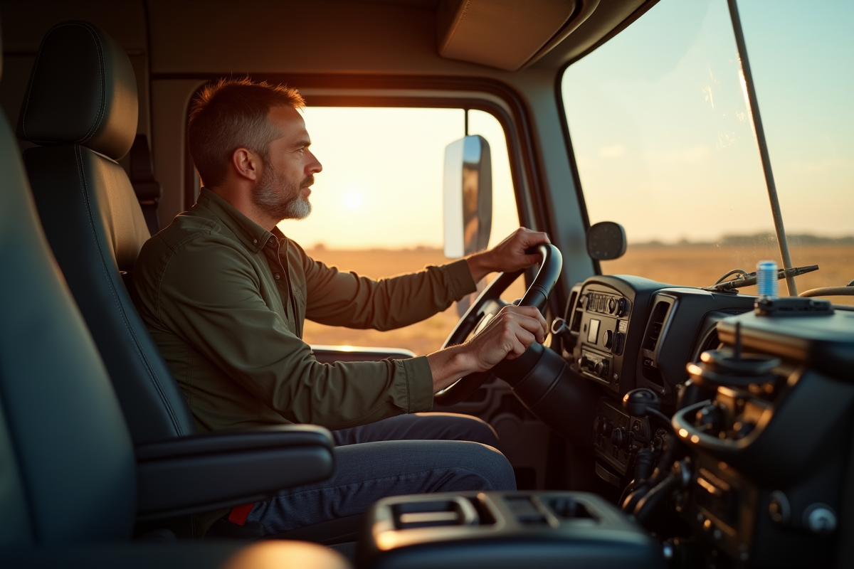 Conducteur inspectant le moteur d’un camion en campagne