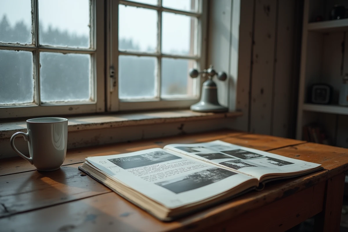 Intérieur de chalet suédois avec dossier d'enquête ouvert sur une table en bois, atmosphère de thriller nordique