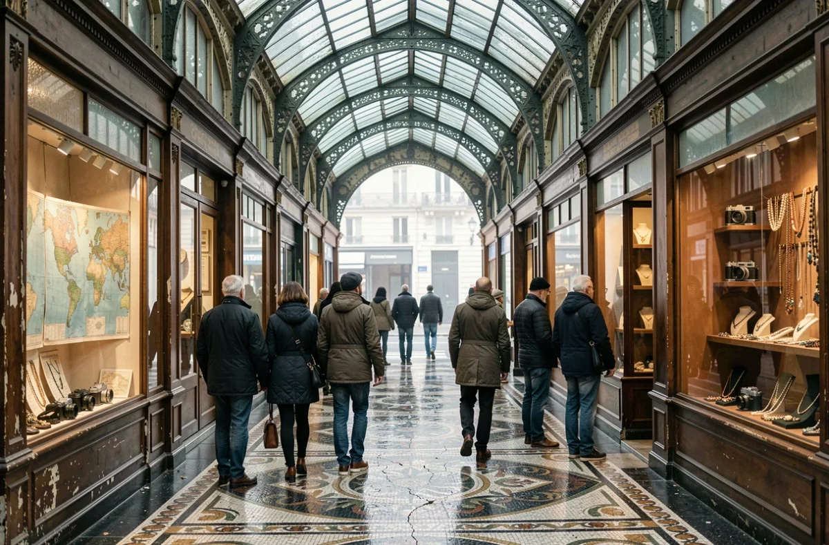 Vue intérieure d'un passage couvert parisien animé servant de refuge lors d'une journée pluvieuse