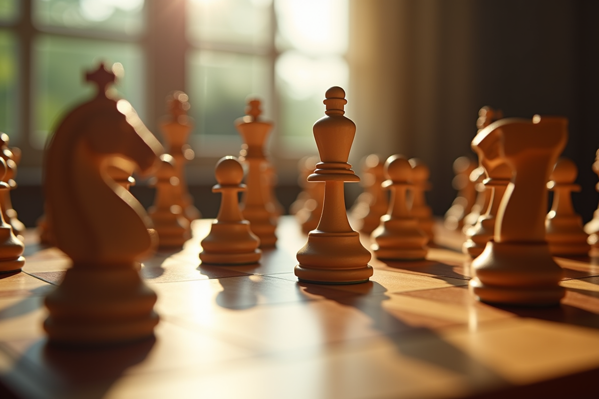 Echiquier en bois élégant avec pièces d'échecs en jeu