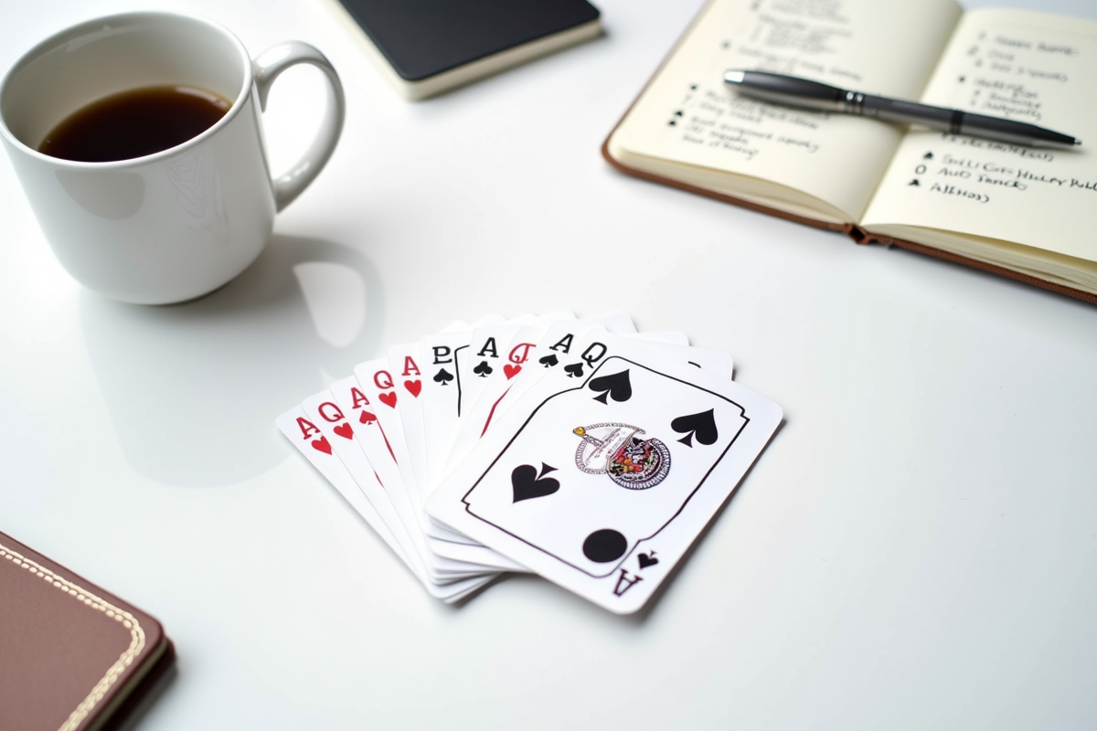 Paquet de cartes et carnet de stratégies sur un bureau blanc