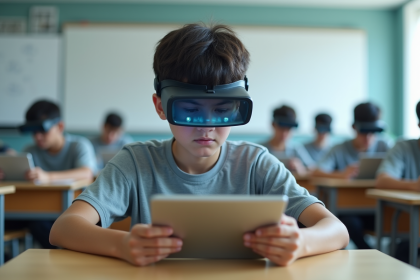 Adolescent avec casque AR dans une salle de classe moderne