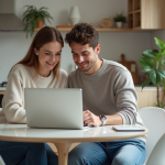 Jeune couple souriant devant un ordinateur pour achat immobilier
