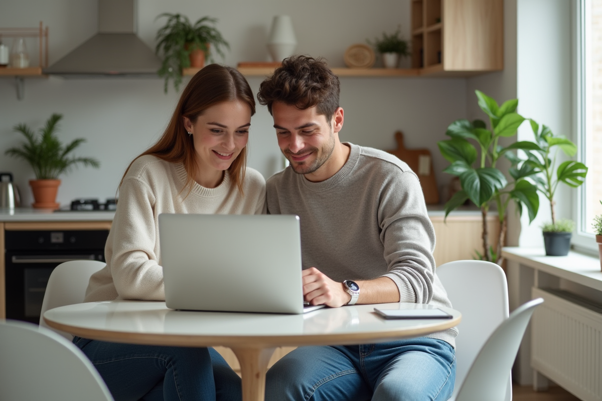 Jeune couple souriant devant un ordinateur pour achat immobilier