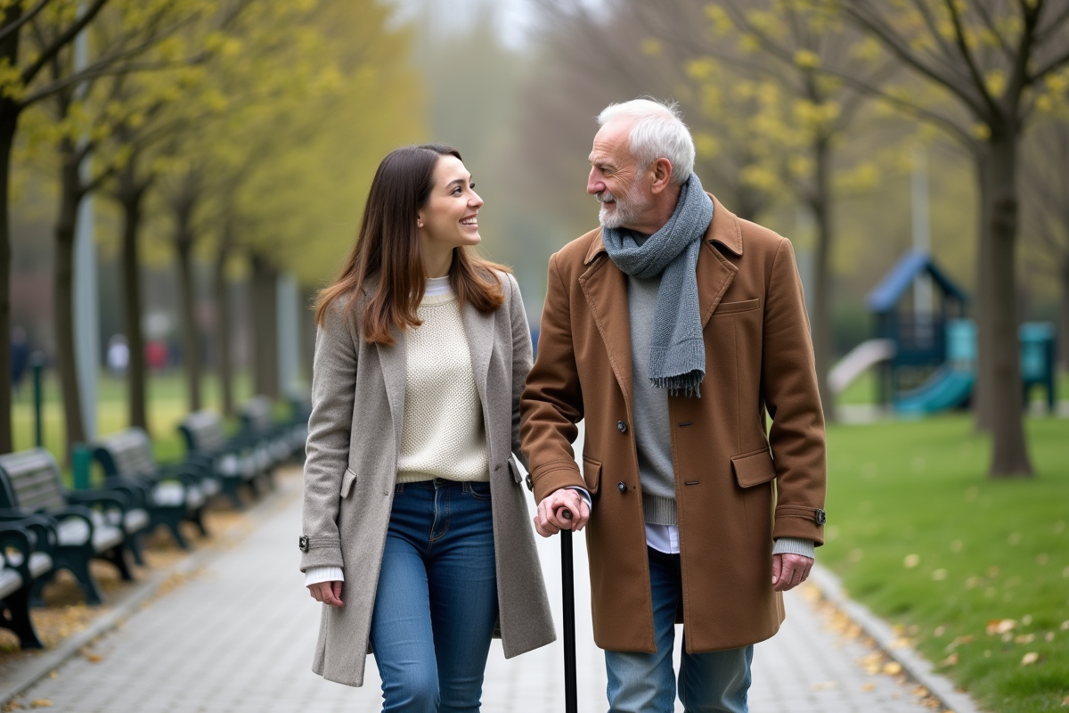 Jeune femme aide un homme âgé dans un parc urbain