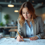Jeune femme en tenue professionnelle dessinant des plans architecturaux