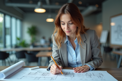 Jeune femme en tenue professionnelle dessinant des plans architecturaux