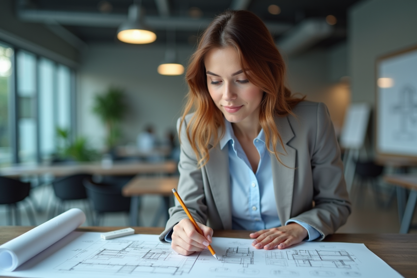 Jeune femme en tenue professionnelle dessinant des plans architecturaux