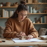 Jeune femme assemble un livre nook fait main dans un salon