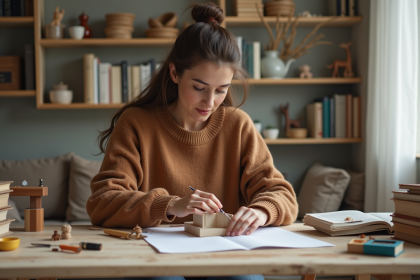 Jeune femme assemble un livre nook fait main dans un salon