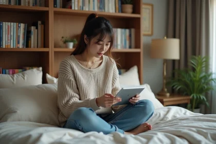 Jeune femme lisant manga sur tablette dans sa chambre