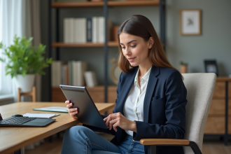 Jeune femme professionnelle utilisant une tablette dans un bureau lumineux
