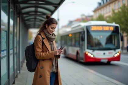 Jeune femme regardant son smartphone à un arrêt de bus à Lyon