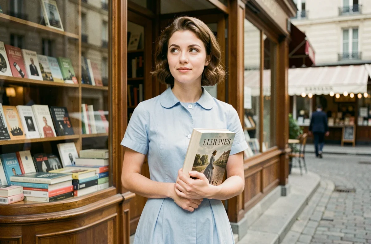 Jeune femme française tenant un roman devant une librairie parisienne typique, évocation de l'univers littéraire des Années glorieuses de Pierre Lemaitre