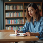 Jeune femme lisant un livre de grammaire française dans une bibliothèque