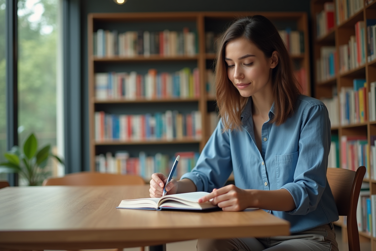 Jeune femme lisant un livre de grammaire française dans une bibliothèque
