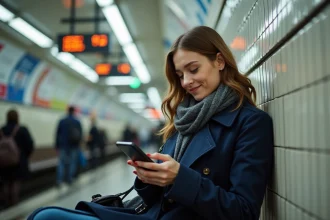 Jeune femme dans le métro de Paris avec smartphone