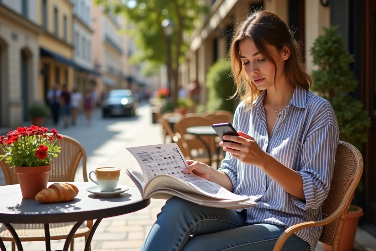 Jeune femme cherchant une ville italienne pour ses mots fléchés sur son téléphone en terrasse de café français