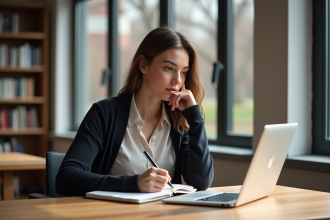 Jeune femme concentrée prenant des notes dans une bibliothèque