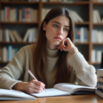 Jeune femme concentrée prenant des notes dans une bibliothèque