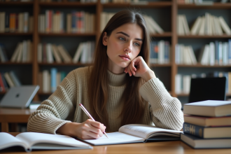 Jeune femme concentrée prenant des notes dans une bibliothèque