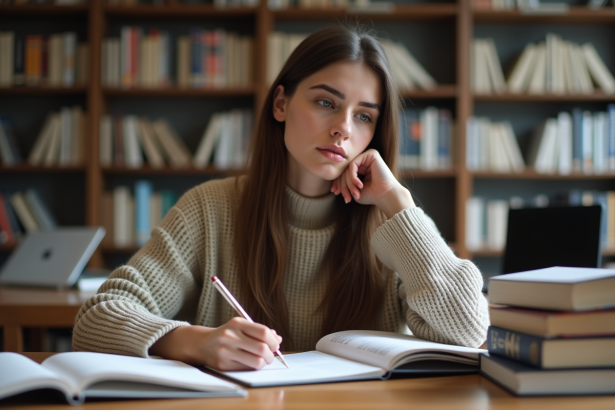 Jeune femme concentrée prenant des notes dans une bibliothèque