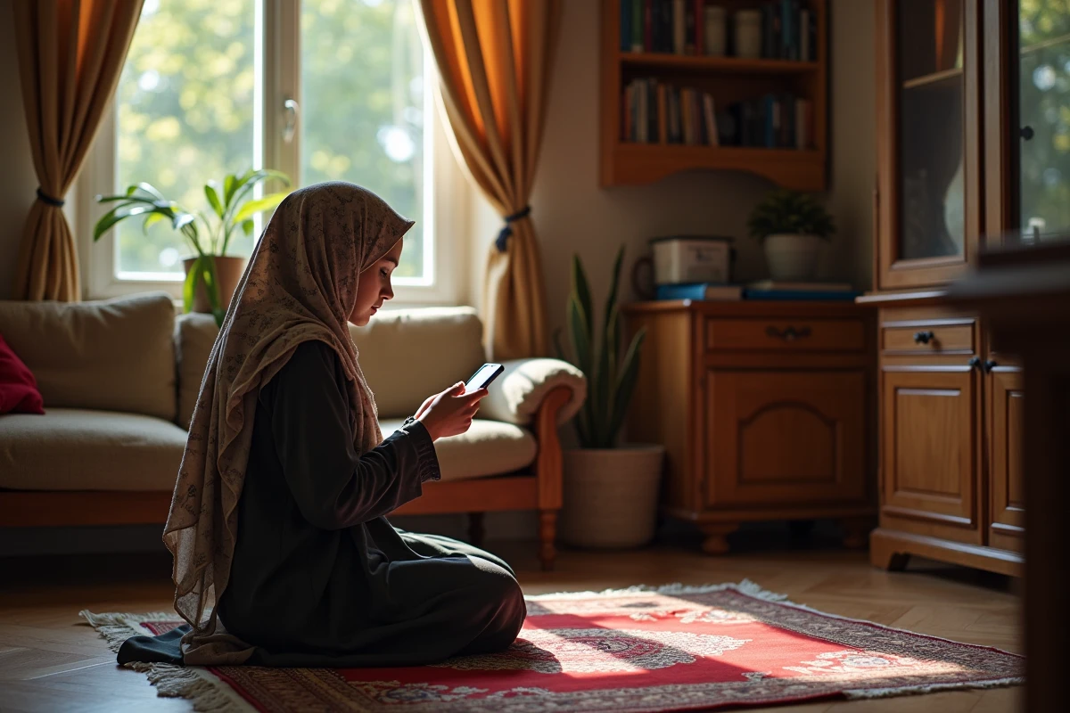 Jeune femme en hijab priant sur un tapis dans un salon