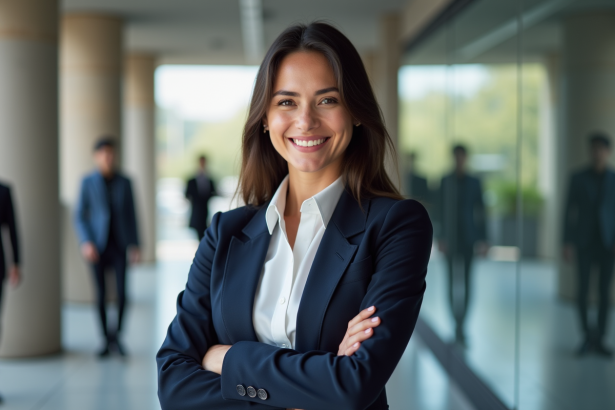Jeune femme professionnelle en blazer navy dans un bureau moderne