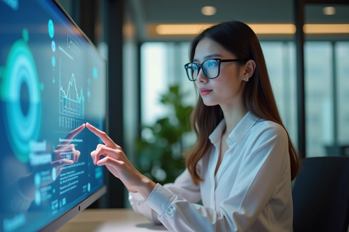 Jeune femme professionnelle utilisant un écran tactile au bureau
