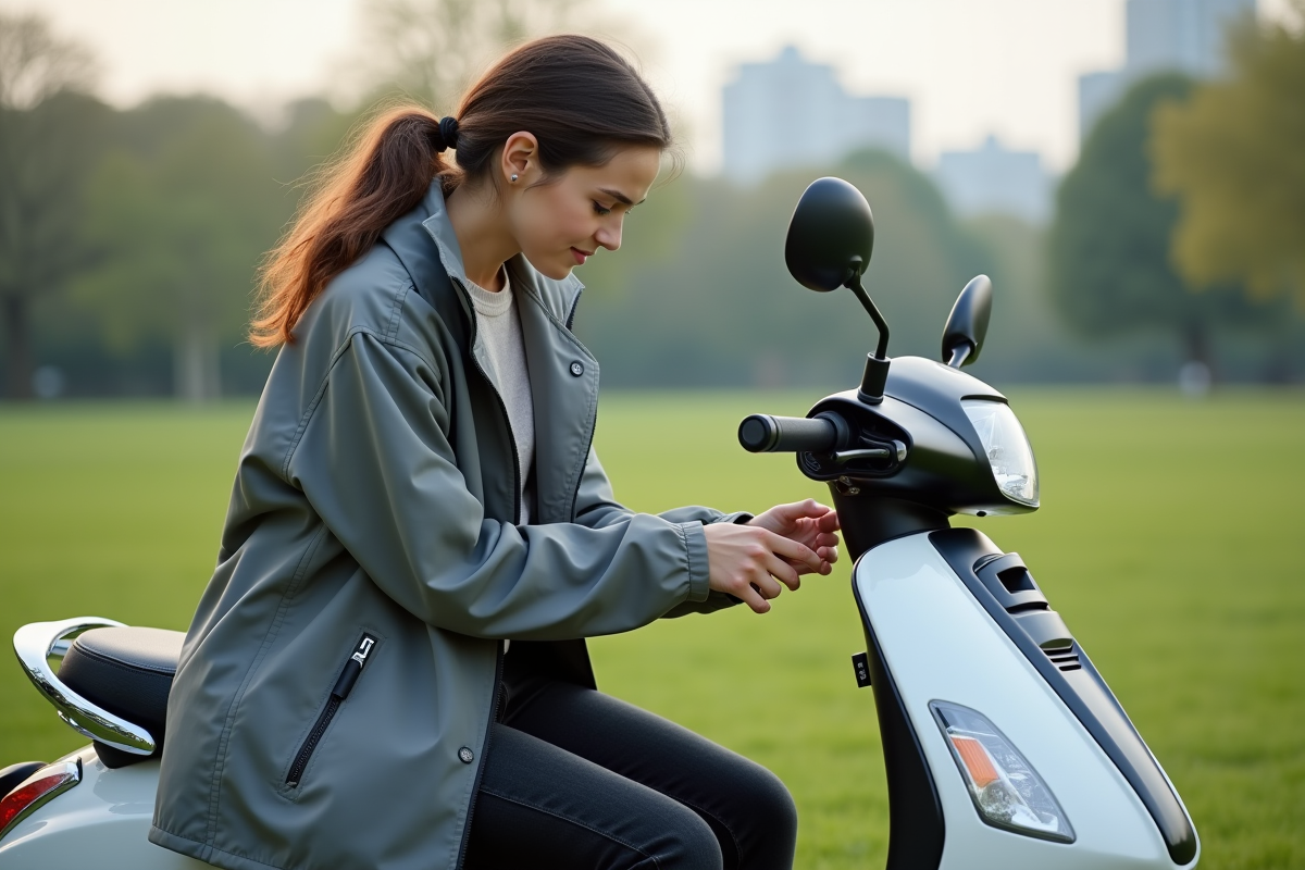 Jeune femme inspectant moteur de scooter blanc