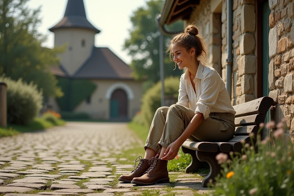 Jeune femme assise sur un banc devant l’église de Saint Goussaud