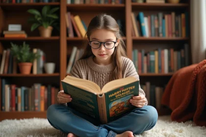 Jeune fille lisant un livre fantasy dans un salon chaleureux