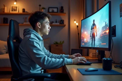 Jeune homme jouant à Battlefield 6 sur un setup gaming
