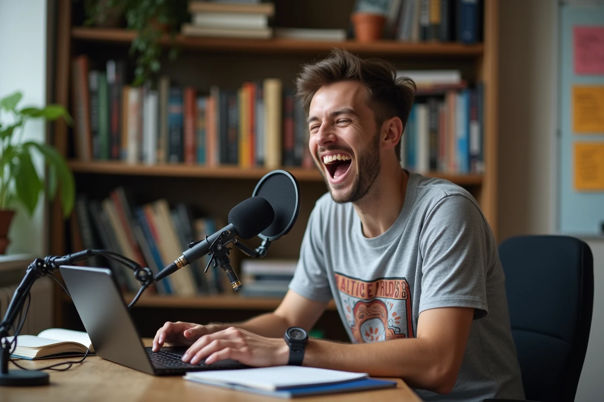 Jeune homme souriant parlant dans un micro dans un bureau cosy