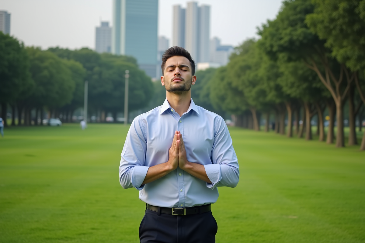 Jeune homme en méditation dans un parc urbain vert
