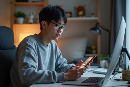 Jeune homme avec smartphone et ordinateur dans sa chambre
