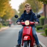 Adolescent sur scooter rouge en rue résidentielle