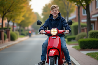 Adolescent sur scooter rouge en rue résidentielle