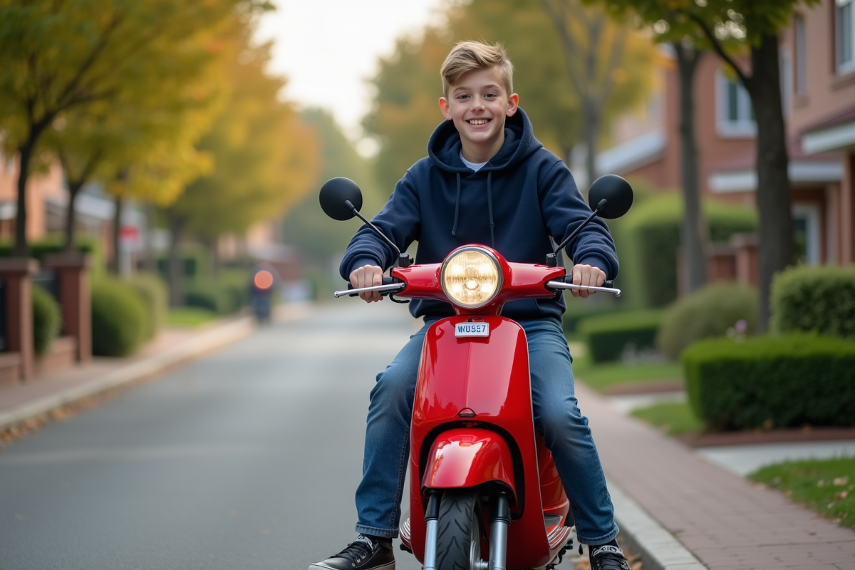 Adolescent sur scooter rouge en rue résidentielle
