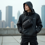 Jeune homme en techwear urbain sur un toit de ville
